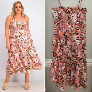 NWT INC 100% Cotton Smocked Top Girly Floral Ruffle‎ Midi Dress XL